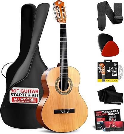 Pyle Beginner 6 String Acoustic Guitar Kit, 1/4 Junior Size 30"