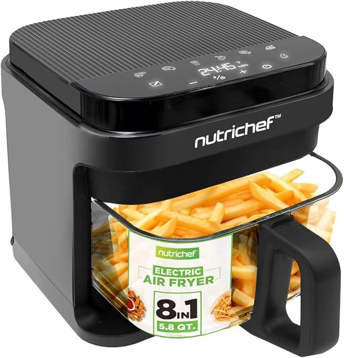 Nutrichef 5.8 Quart Air Fryer | 8-1 Cook Modes | Transparent Bowl