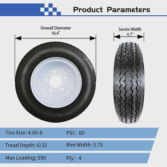 Hi-Run 4.80-8 Trailer Tire, 5-Hole White Spoke Wheel, Load Range B 4PR