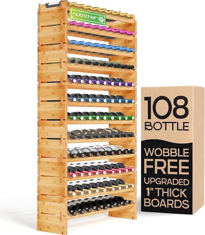 NutriChef 108 Bottle Wine Rack Stackable Bamboo Freestanding, 12 Tier