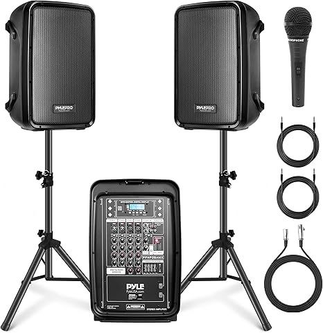 Pyle PA Speaker DJ Mixer Bundle - 300 W Portable Wireless Bluetooth