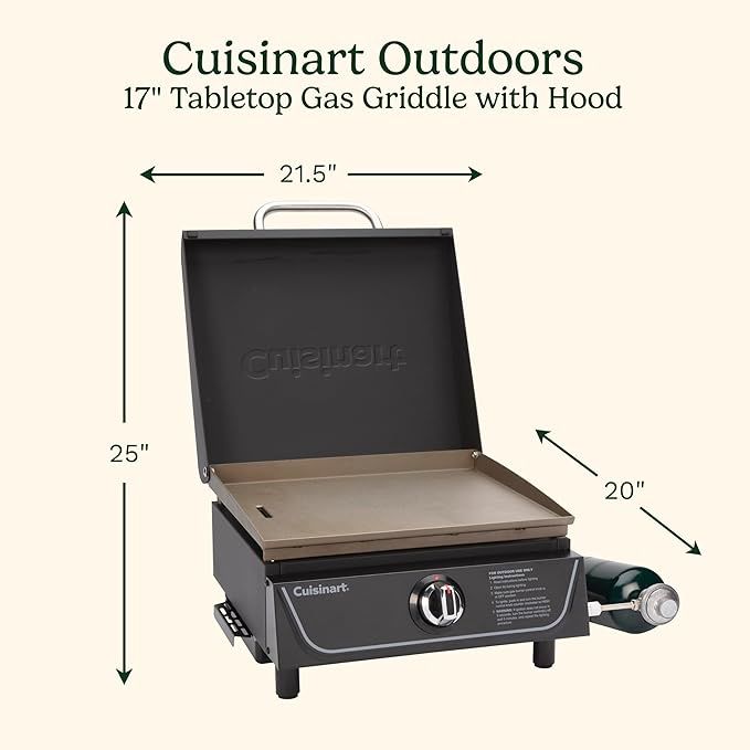 Cuisinart 17” Tabletop Gas Griddle with Hood, Easy Assembly Compact Outdoor