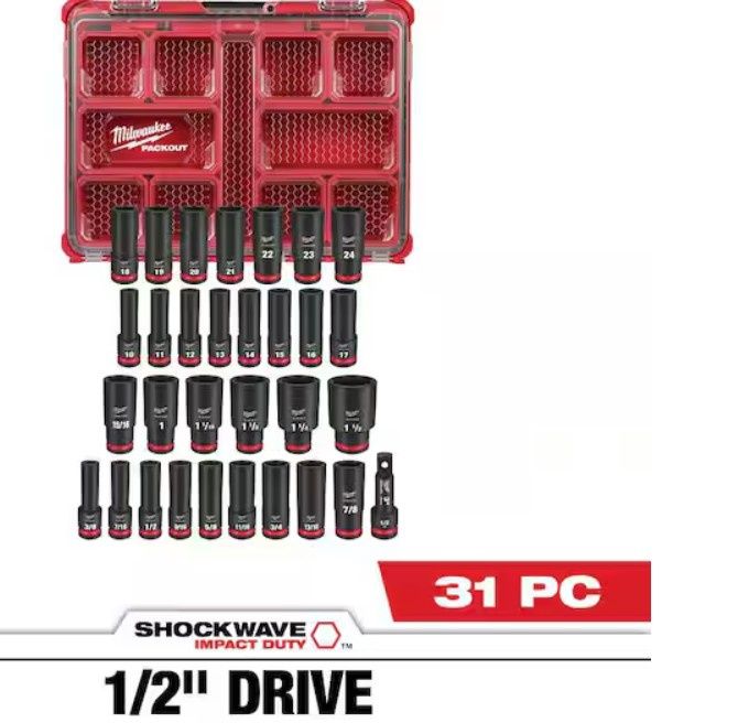 Milwaukee SHOCKWAVE Impact-Duty 1/2 in. Drive Metric and SAE Deep Well Impact PACKOUT Socket Set (31-Piece)