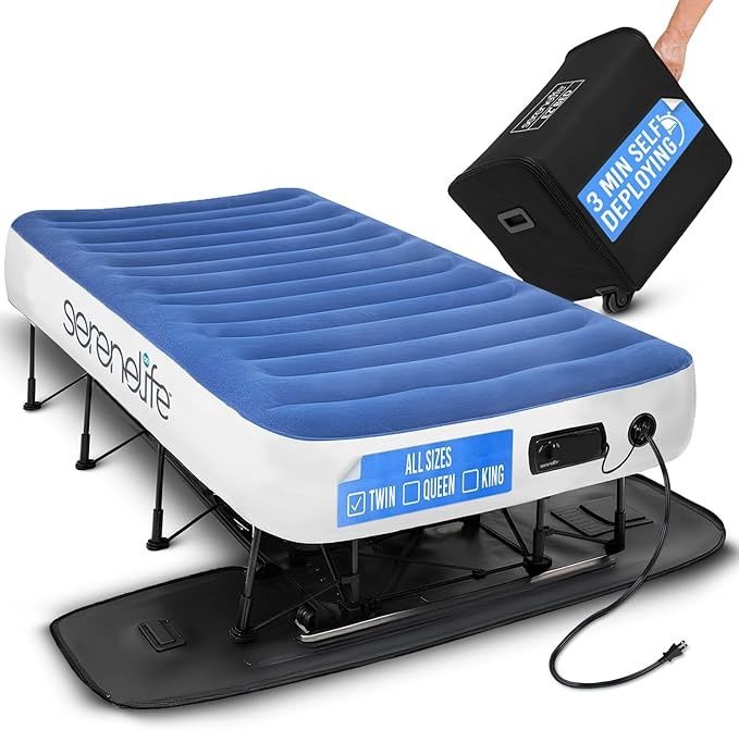 TWIN SereneLife EZ Bed Air Mattress with Frame and Rolling Case