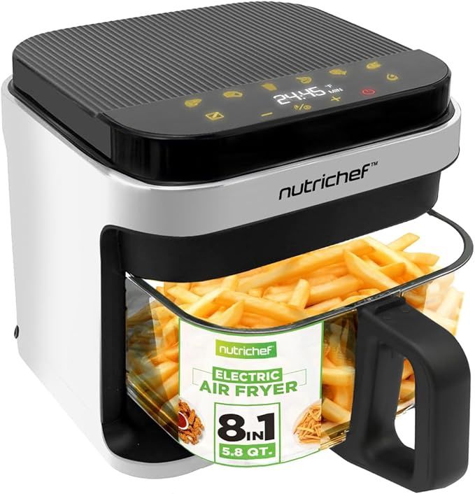 Nutrichef 5.8 Quart Air Fryer | 8-in-1 Preset Cook Modes| Transparent