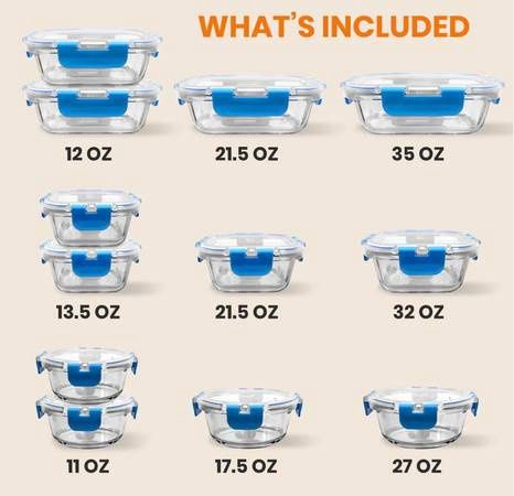 Nutrichef 24-Piece Glass Food Storage Set, Airtight Leak-Proof, Blue