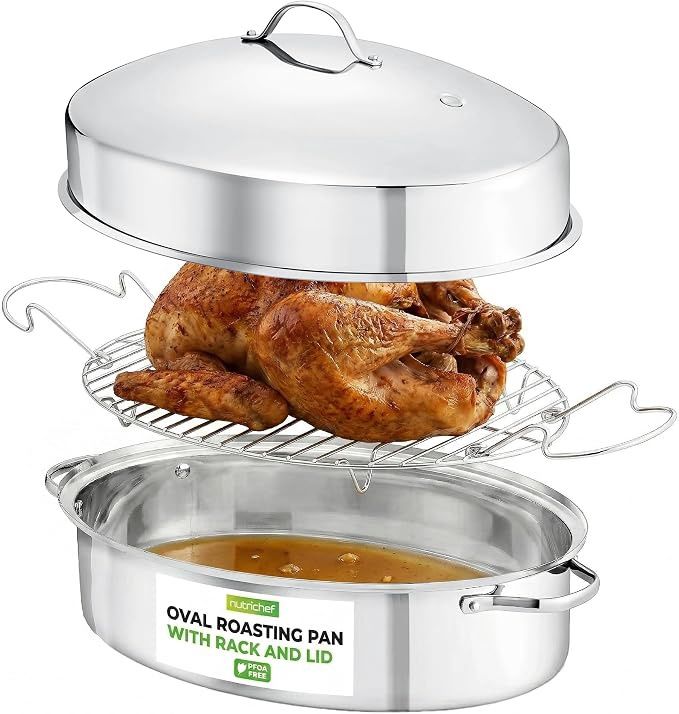 NutriChef 20" Oval Roasting Pan with Rack and Lid - Stainless
