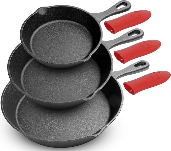 NutriChef 3pc Cast Iron Skillets - Pre-Seasoned Cast Iron Cookware