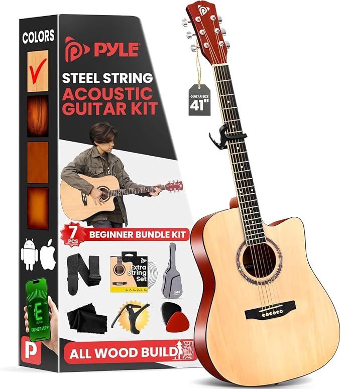 Pyle Beginner Acoustic Guitar Kit - Full Size 41” Cutaway Dreadnought