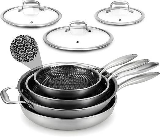 NutriChef 7-Piece Tri-Ply Stainless Steel Frying Pan Set &amp; Wok