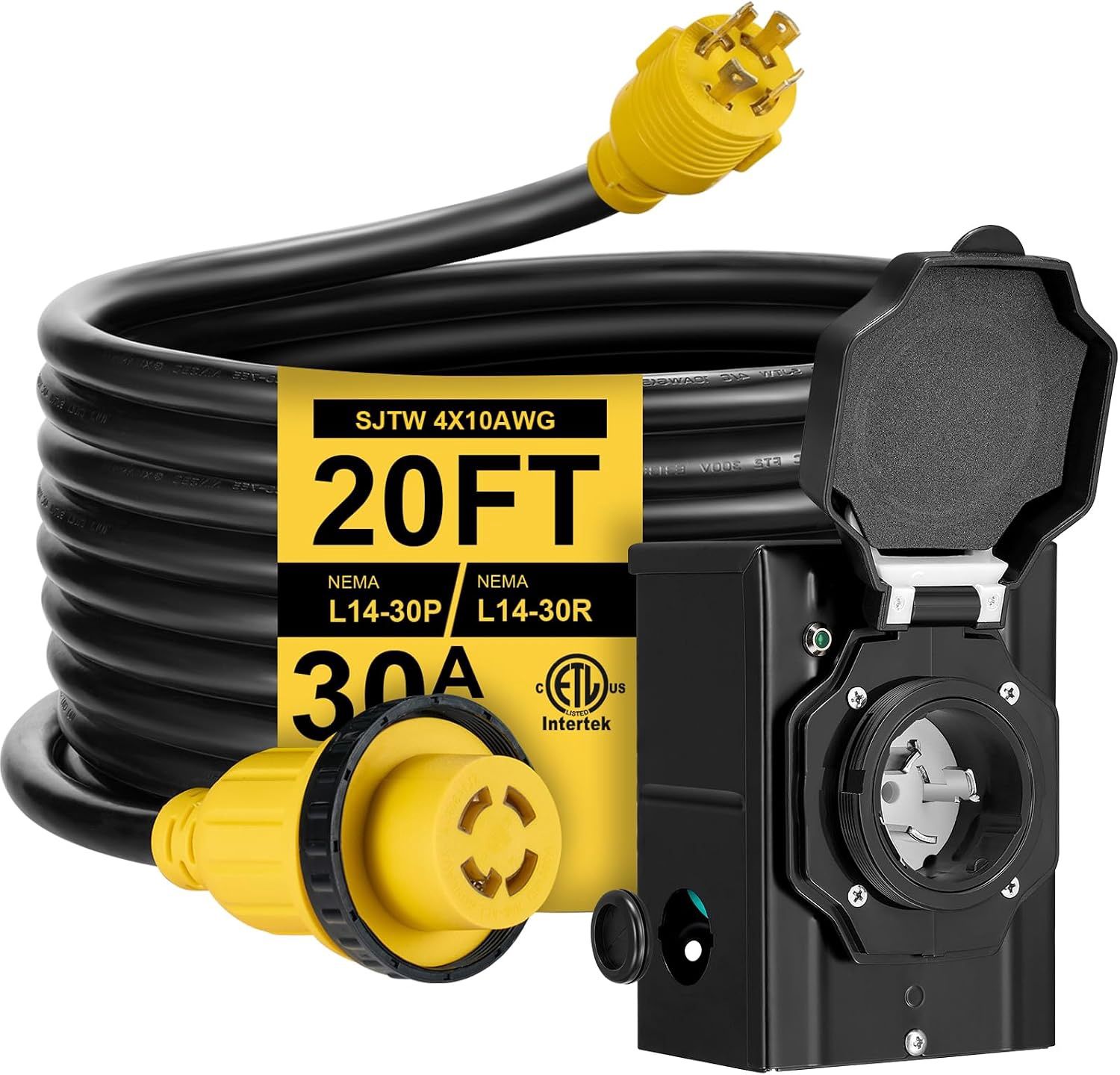 20FT 30 Amp Generator Cord with Pre-Drilled Power Inlet Box,Heavy Duty Generator Power Cord 4 Prong,125/250V,NEMAL14-30P/14-30R,Waterproof,ETL Listed,Home/RV Power Supply