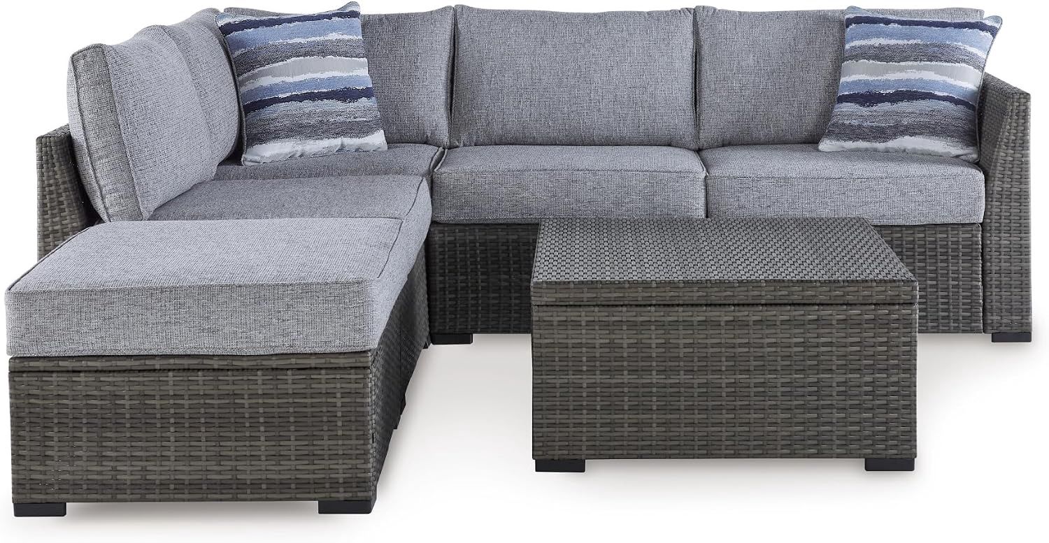 Signature Design by Ashley Petal Road Casual Nuvella Weather Resistant Fabric, Cushioned Outdoor Loveseat Sectional/Ottoman/Table Set with 2 Throw Pillows, Set of 4, Gray