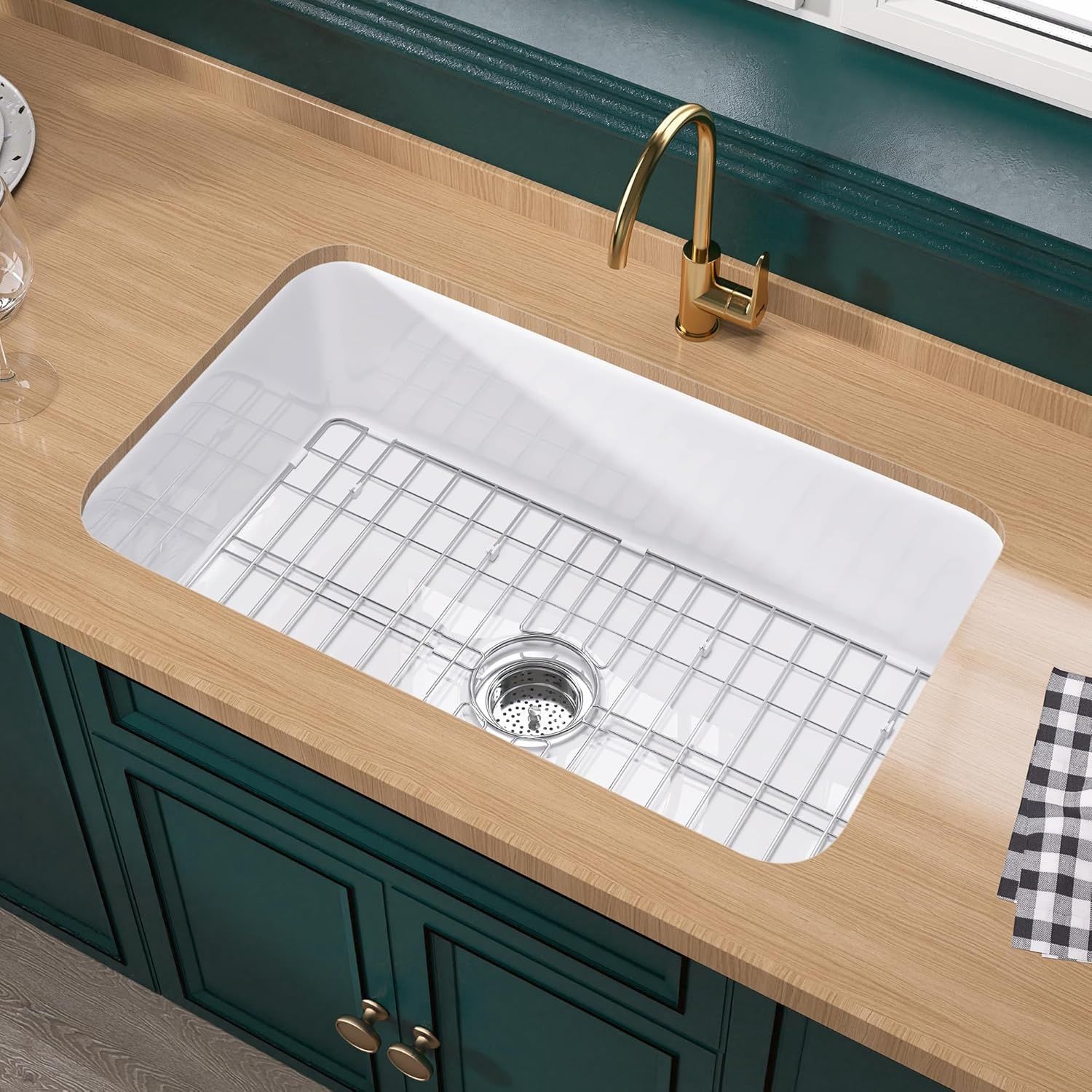 Miuara 32 x 19 Inch Undermount or Drop In Fireclay Kitchen Sink White | Fireclay large single bowl for kitchen &amp; Island, Resistant to stain, heat, chipping &amp; scratch
