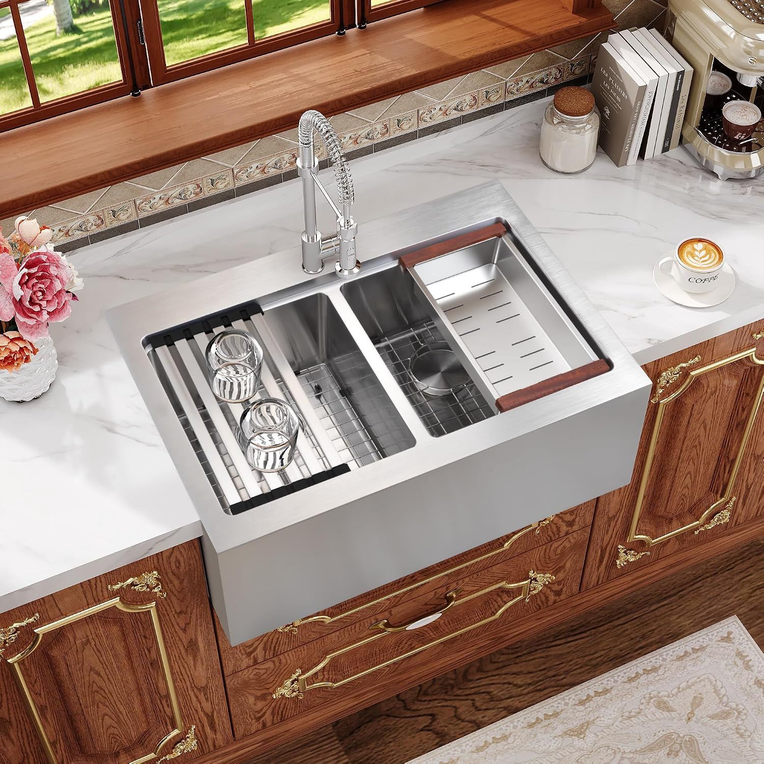 Rhbamoa 28 Inch Double Farmhouse Sink,16-Gauge T304 Drop In Farm Sink,50/50 Topmount Double Bowl Apron Front Farm Sinks,10 Inch Depth Stainless Steel Farmhouse Sinks with All Accessories