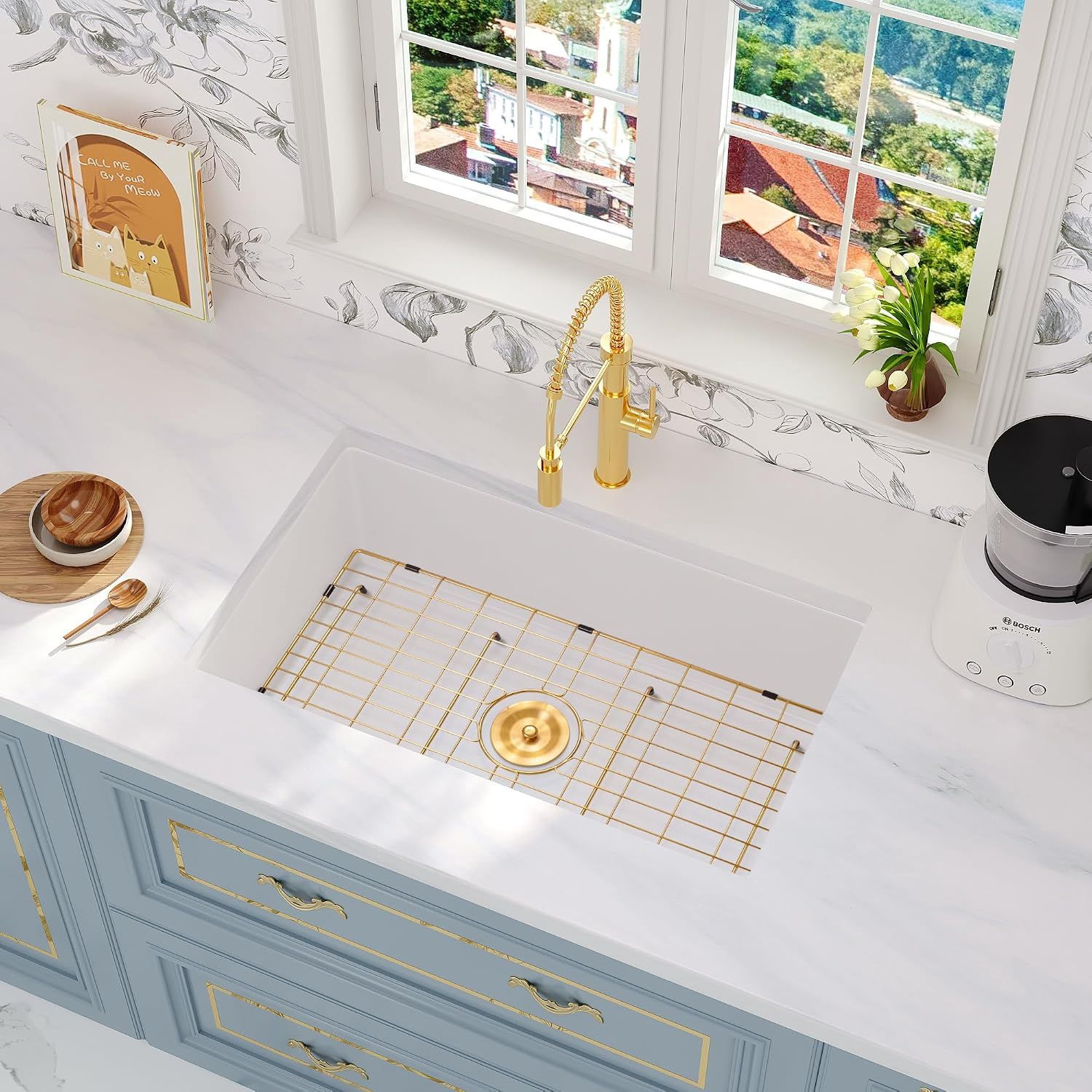 Rhbamoa 30 Inch White Undermount Kitchen Sink,White Granite Composite Kitchen Sink 30''x18'',9 Inch Depth Quartz Sinks with Accessories