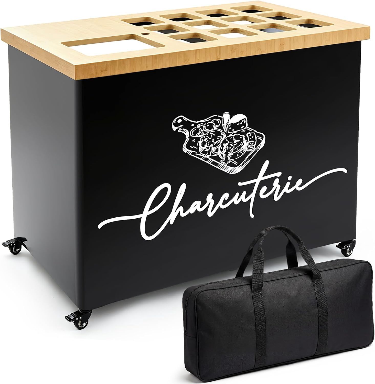 Novabright 4ft Foldable Charcuterie Cart Set with Table Cloth Storage Bag Caster Portable Collapsible Food Serving Cart Snack Grill Mobile Display Carts for Party Wedding Outdoor BBQ Backyard (Black)