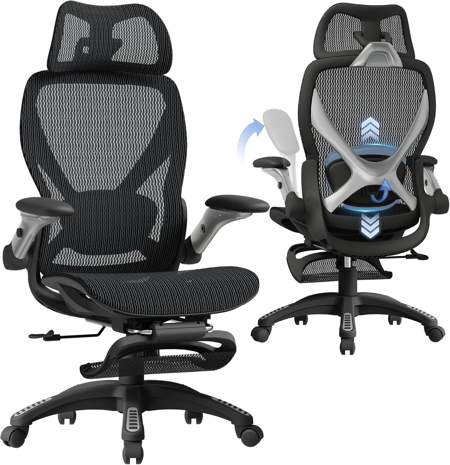 X100 Ergonomic Mesh Office Chair with Footrest, Big and Tall Hone Desk Chair with 5D Flip-Up Arms, Adjustable 3D Lumbar Support,Gaming &amp; Executive Computer Chairs
