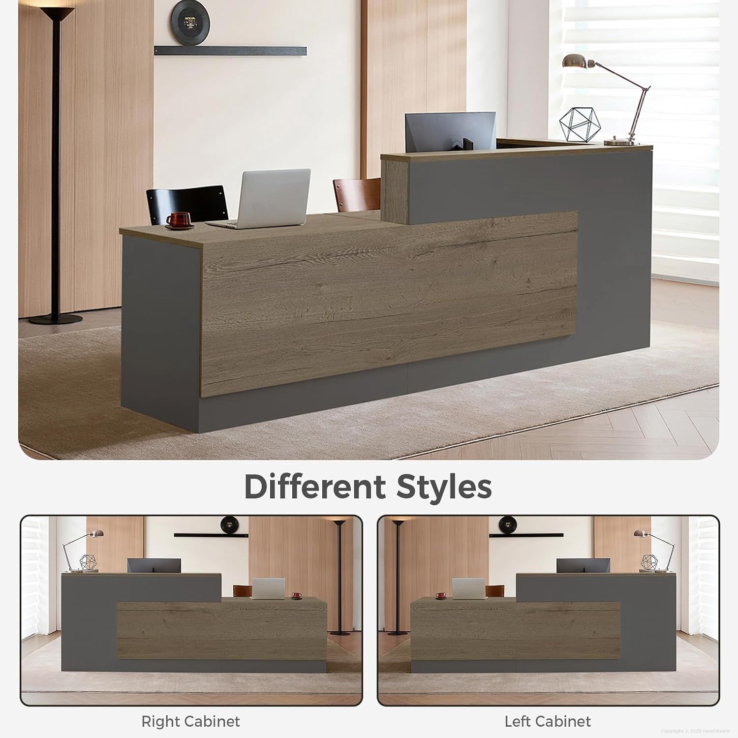 63" L-Shaped Reception Desk with Counter, Front Desk with Lockable Drawer, Keyboard Tray &amp; Shelves for Salon, Clinic, Retail &amp; Office Lobby, Tobacco Wood &amp; Iron Gray, Left Cabinet