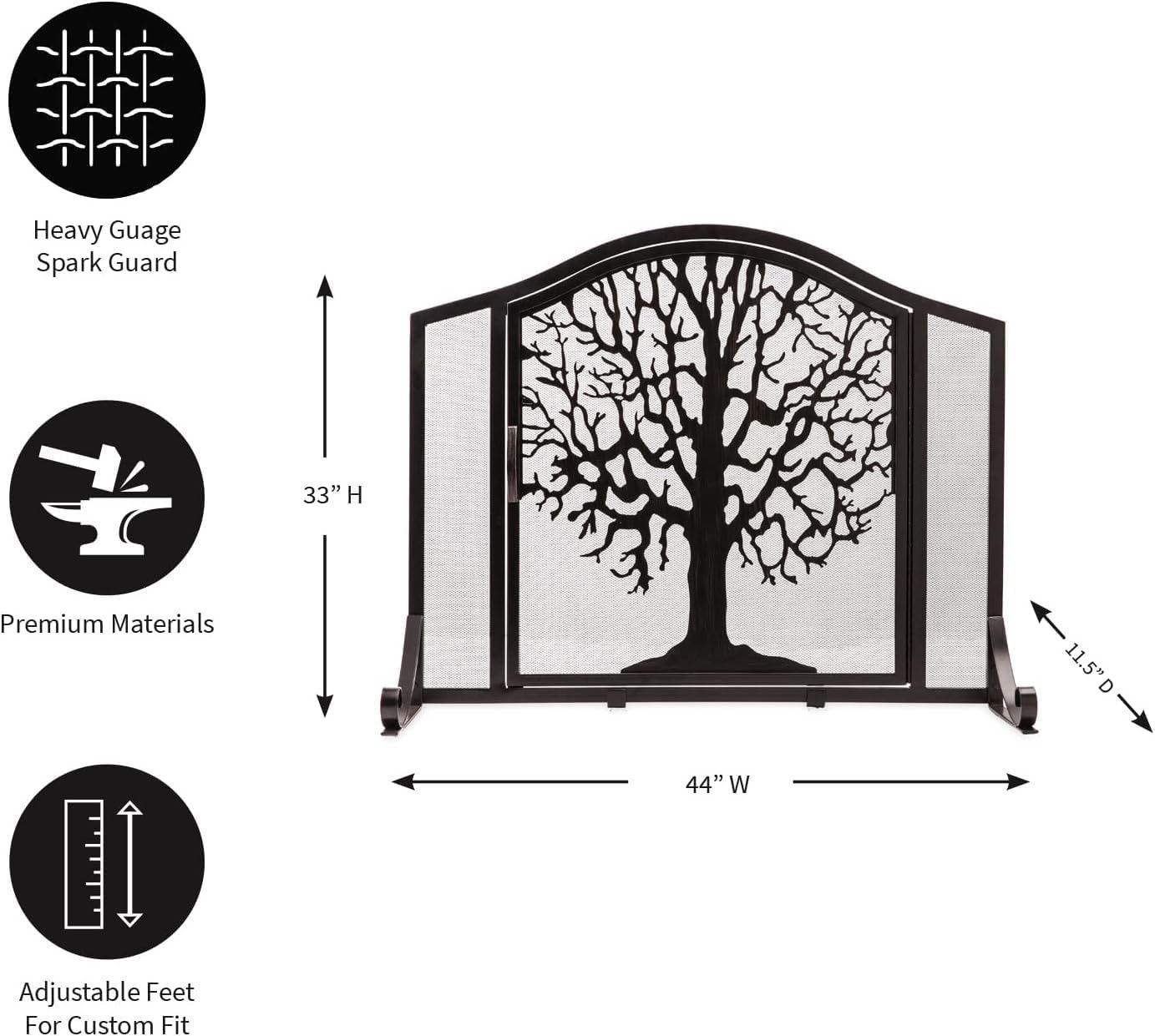 Plow &amp; Hearth Metal Fireplace Screen Tree of Life Black | 44" W x 33" H | Magnetic Hinged Door | Spark Guard Cover | Stand Alone Wrought Iron Panel Fire Place Cover