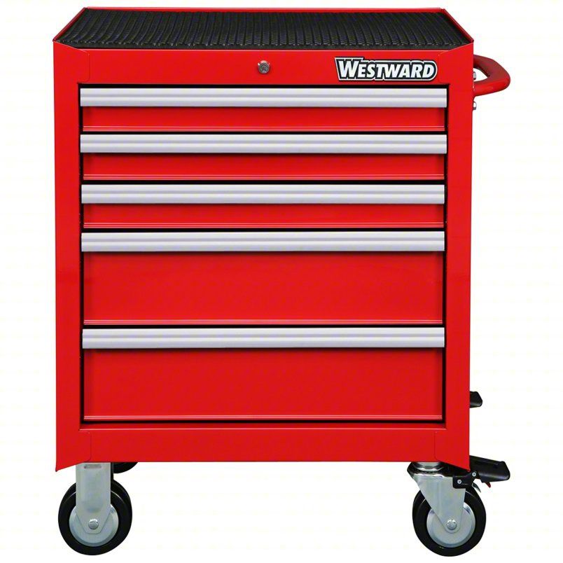 WESTWARD Rolling Tool Cabinet: Red / Red Drawer, 26 11/16 in W x 18 in D x 33 3/8 in H, 5 Drawers 32h894