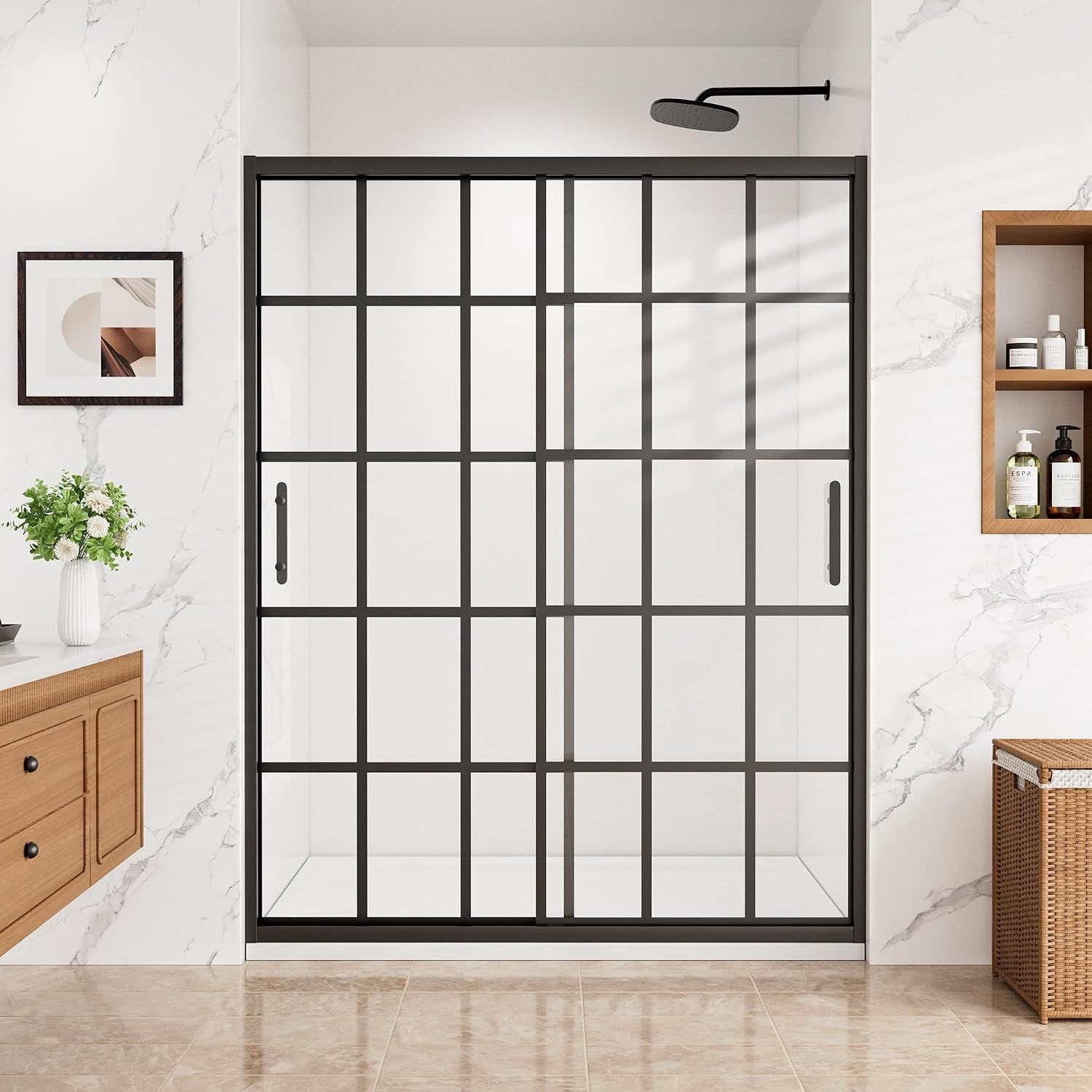 Black Grid Sliding Shower Door 56" - 60" W x 76" H, Double Sliding Framed Shower Door 6mm (1/4") Tempered Glass Adjustable Width Grid Pattern Bathroom Enclosure, Matte Black