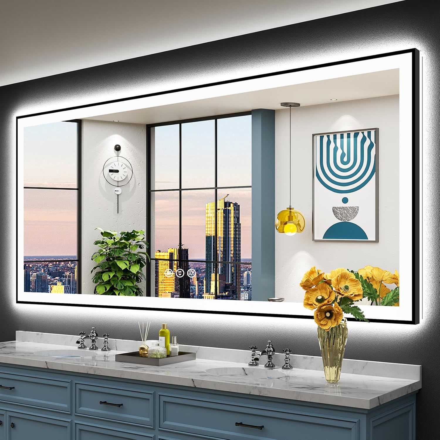 88x38 Black Framed LED Bathroom Mirror with Lights, Backlit and Front Lit Anti-Fog Lighted Vanity Mirror for Bathroom Wall, Dimmable, 3 Colors, Memory, Shatter-Proof, HD Tempered Glass, CRI 95