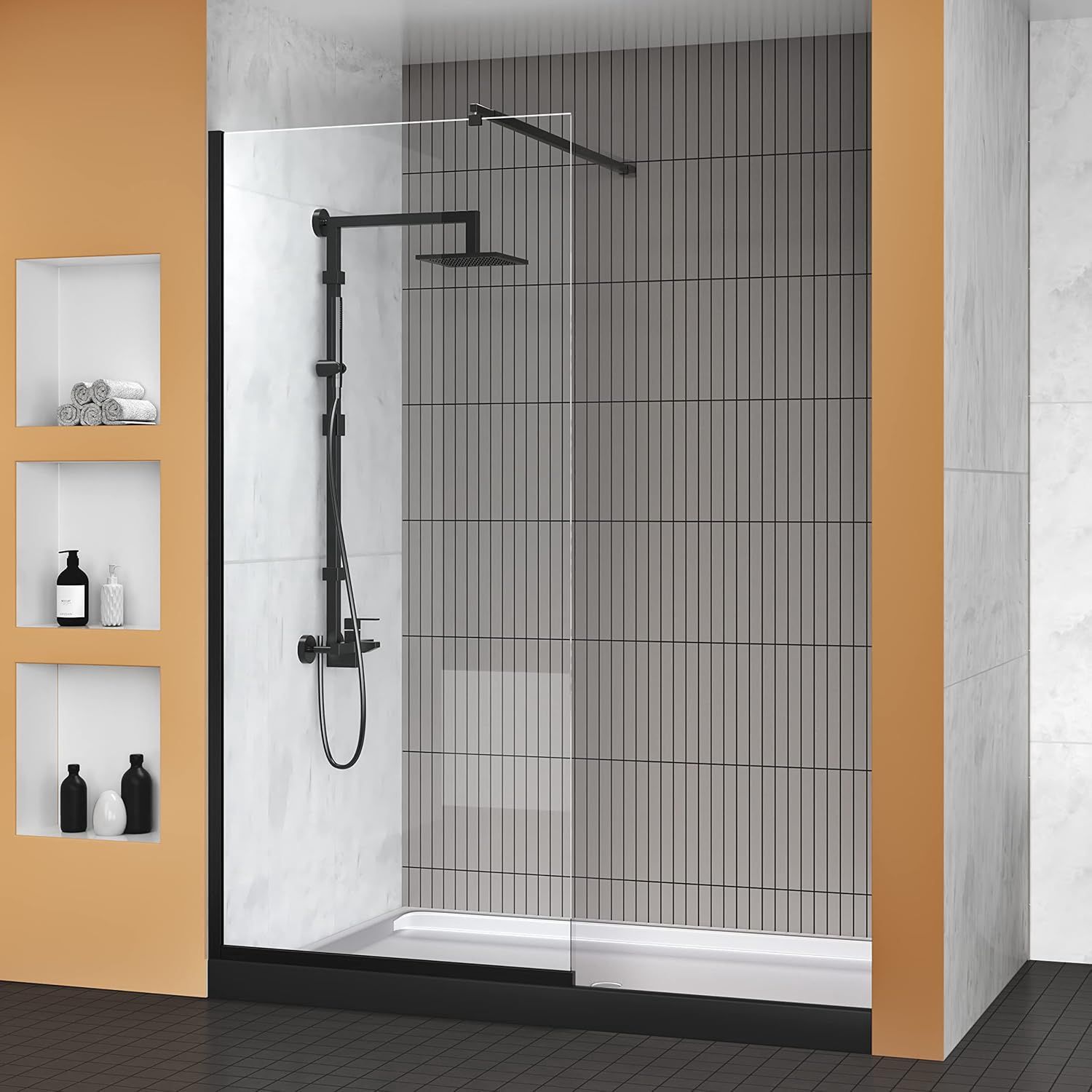 34" W x 72" H Semi-Framed Shower Glass Panel, Shower Screen,5/16" (8mm) SGCC Tempered Glass Shower Panel with Explosion-Proof Film, Matte Black