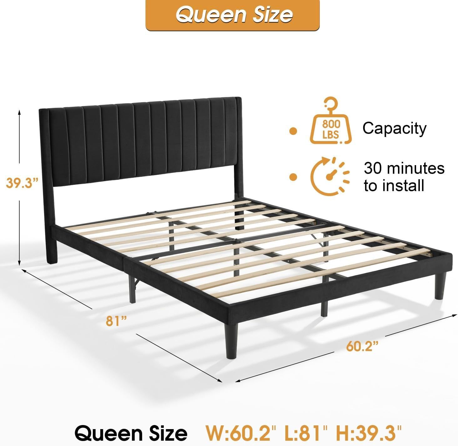 Queen Size Platform Bed Frame with Velvet Upholstered Headboard, Sturdy Wooden Slats, Noise-Free, No Box Spring Needed, Easy Assembly (Black, Queen)