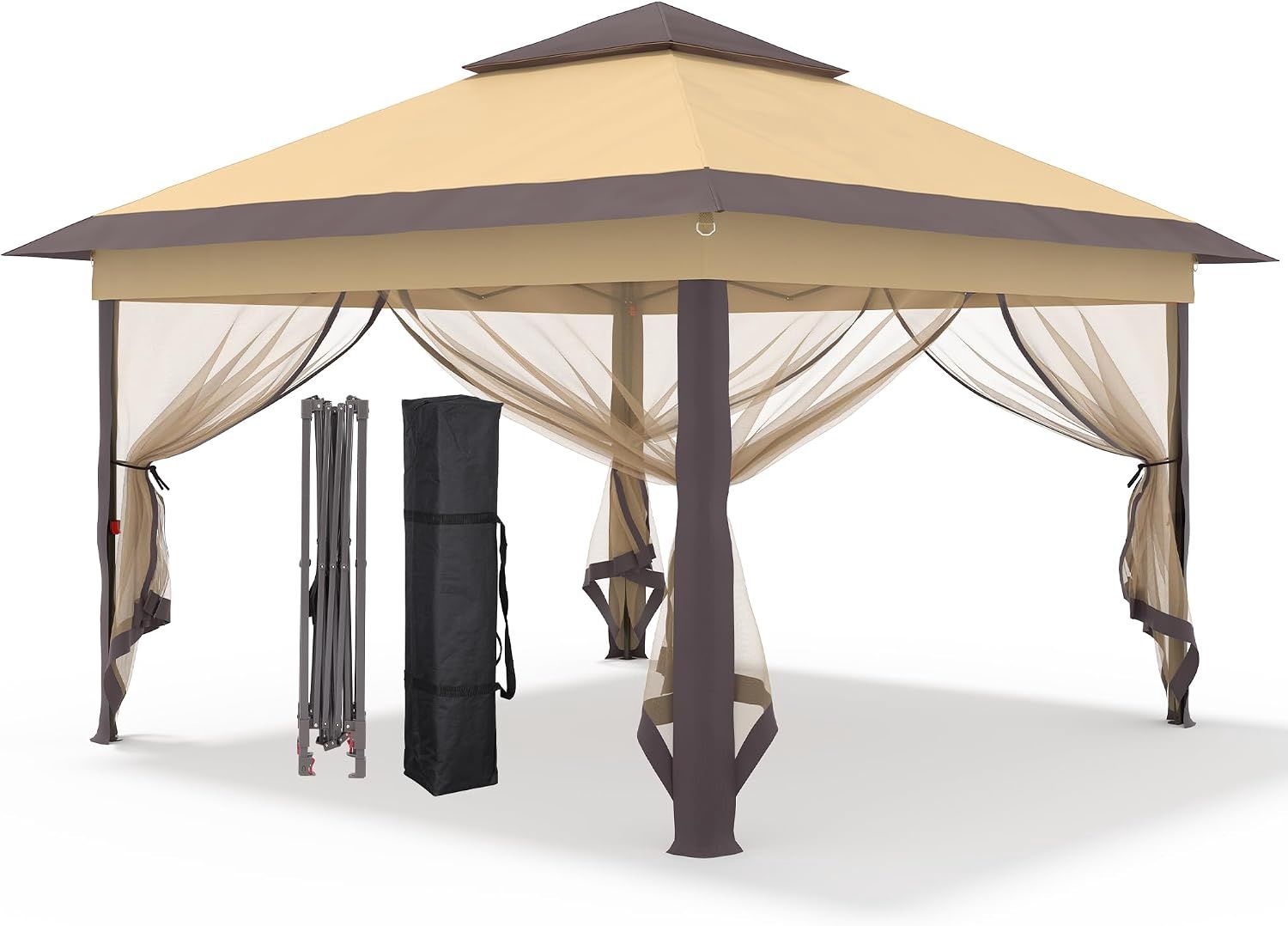 GDY 11x11FT Outdoor Pop Up Gazebo, Iron Frame Folding Canopy Shelter with Stability Accessories(Includes 8 Stakes &amp; 4 Ropes) &amp; 4 Removable Mesh Netting for Garden, Backyard &amp; Patio, Brown