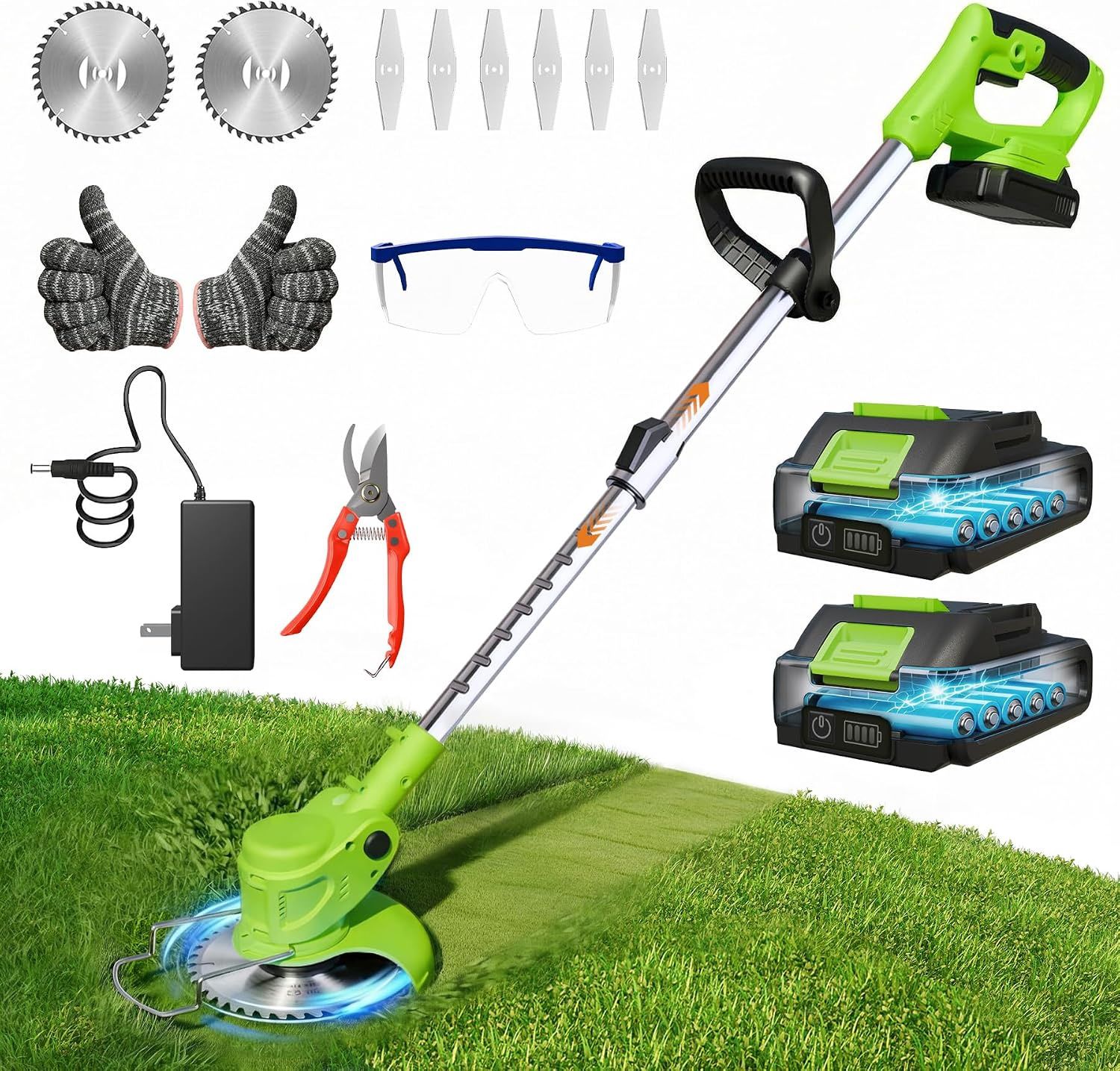 Cordless Weed Wacker Brush Cutter Weed Trimmer with Blade Stringless 21V | 2 X 2.0Ah Electric Weedwacker Battery Powered with Charger - User Friendly Small Yards Grass Cutter for Seniors &amp; Beginner
