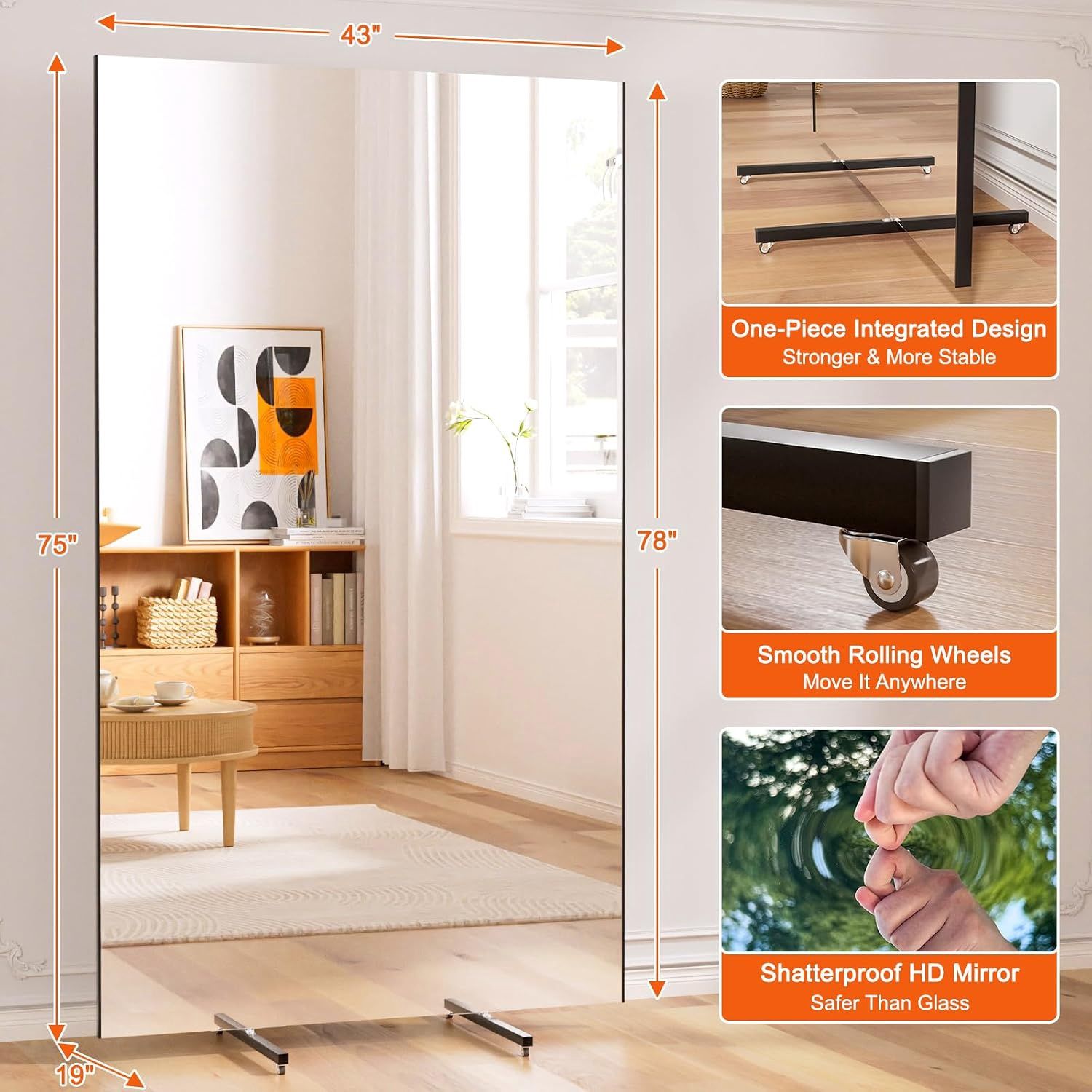 Rolling Full‑Length Gym Mirror with Wheels, 75" x 43"Oversized Shatterproof Nano Material, Easy Move for Home Gym, Dance &amp; Yoga Studio, Black