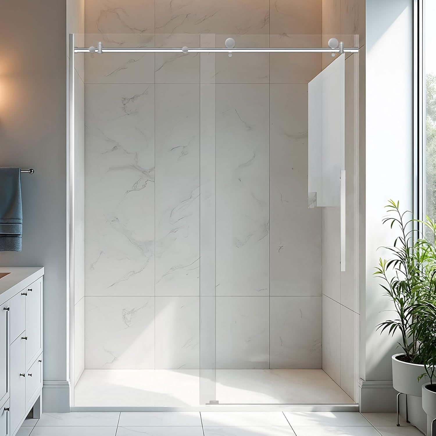 Framelss Shower Door 56-60" W x 76" H, Chrome Silver | 5/16 " (8mm) SGCC Tempered Glass, Frameless Sliding Glass Shower Door, Reversible Installation, Adjustable Width