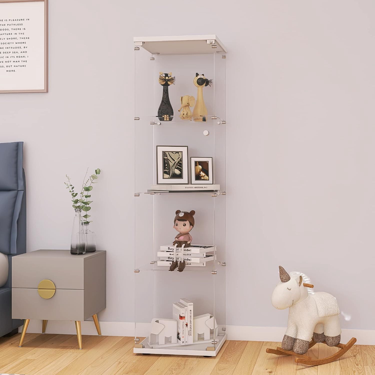 4-Tier Glass Display Cabinet with Lock, Display Case White | Single-Door Tempered Glass Showcase for Collectibles, Figures, and Decor; Curio Cabinet for Living Room, Bedroom, Office