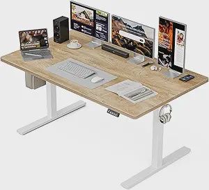 55x32 Extra-Deep Electric Standing Desk, Wide Desktop Fits 49" Ultrawide Monitor+Dual Screens, 176 lbs Capacity, 2 Memory Presets, Anti Collision, Computer Desk for Home Office &amp; Gaming, Oak