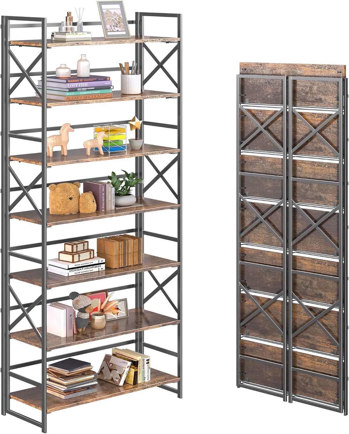 7 Tiers No Assembly Book Shelves, 72.4" H Folding Bookshelf Bookcase Open Industrial Foldable Shelves for Bedroom, Living Room, Home Office - Rustic Brown Black