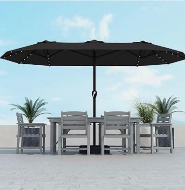Kingdura 15ft Large Patio Umbrella with Base Included, Double-Sided Rectangle Outdoor Table Umbrella with 12 Reinforced Ribs, Crank Lift for Market Pool Deck Backyard, black