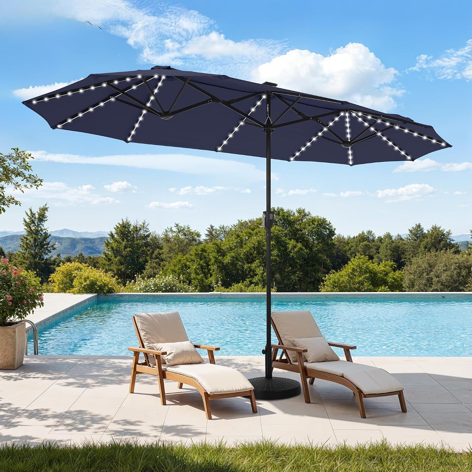 13 ft Patio Umbrella with 120 LED Solar Lights Outdoor Umbrella, Navy Blue