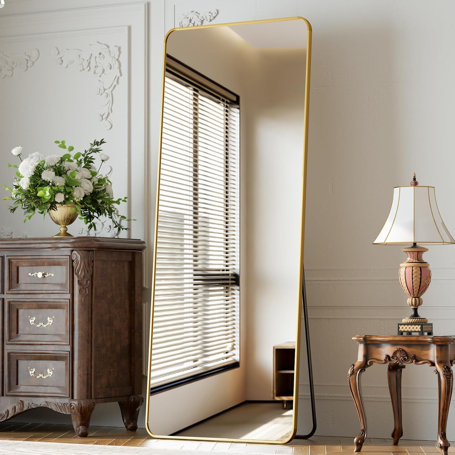 XRAMFY 65"x24" Floor Full Length Mirror Standing Full Body Rounded Corner Rectangle Mirrors with Stand Hanging Wall Mounted Leaning Bedroom Living Room Bedroom Cloakroom,Gold
