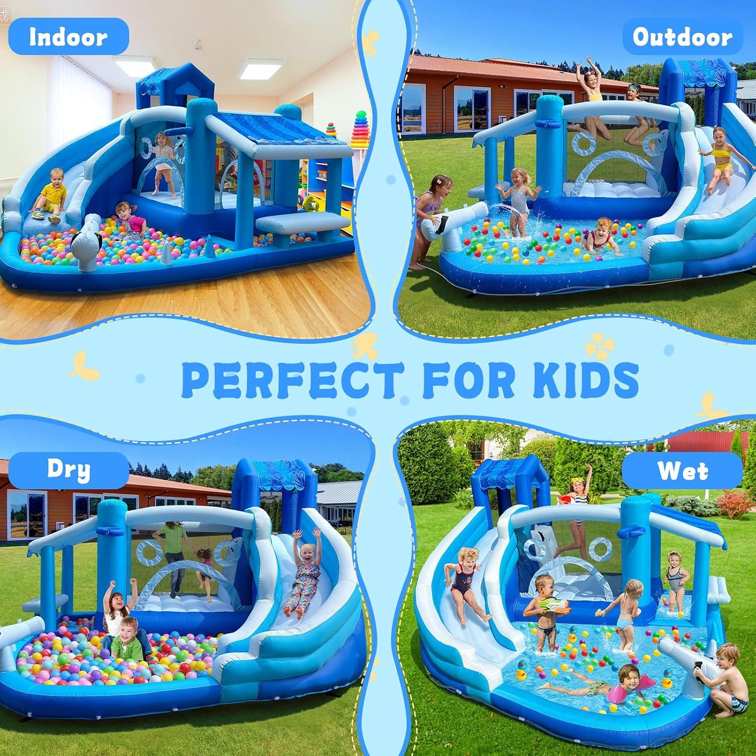 Kids Inflatable Water Slide for Backyard, 5-in-1 Bounce House Combo with Climbing Wall &amp; Splash Pool, Heavy Duty Oxford Cloth, 3-Min Setup with 550W Blower, Outdoor/Indoor Water Park Toy for Ages 3-14