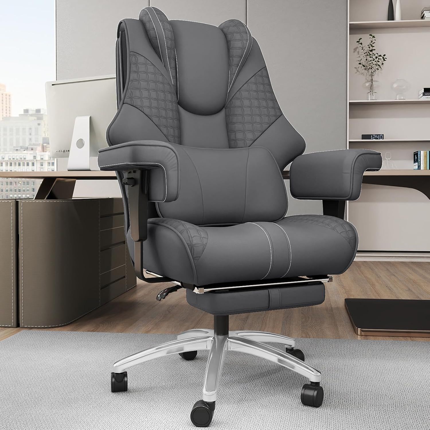 Big and Tall Office Chair with Foot Rest, High Back Computer Desk Chair | 400lbs Wide Seat Ergonomic Leather Executive Chair with Foot Rest, High-Back Reclining Computer Chair for Heavy People