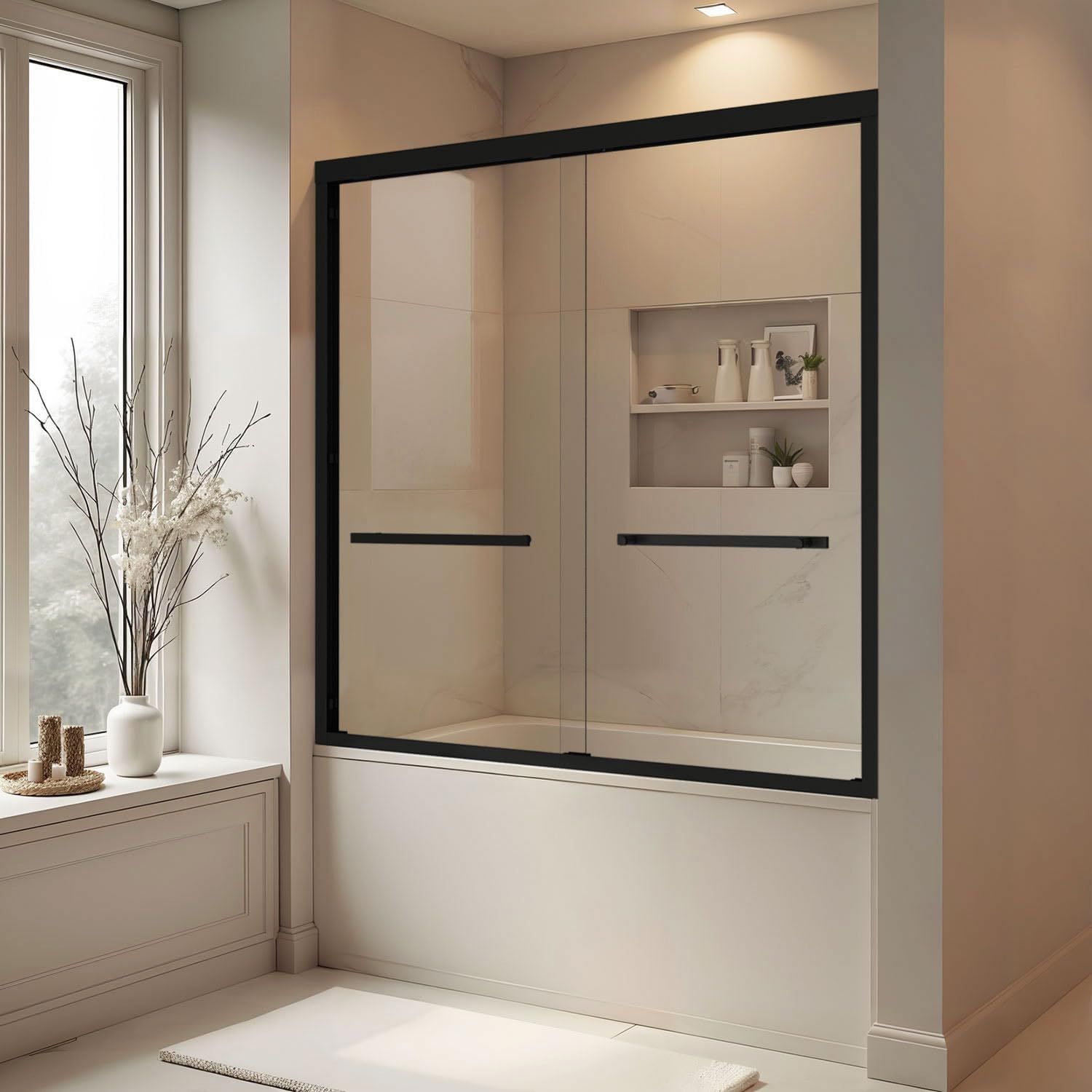 56-60" W x 58" H Double Sliding Shower Door Matte Black | Suitable for Bathtub 1/4" (6mm) SGCC Clear Tempered Glass Easy-Clean,304 Stainless Steel Hardware