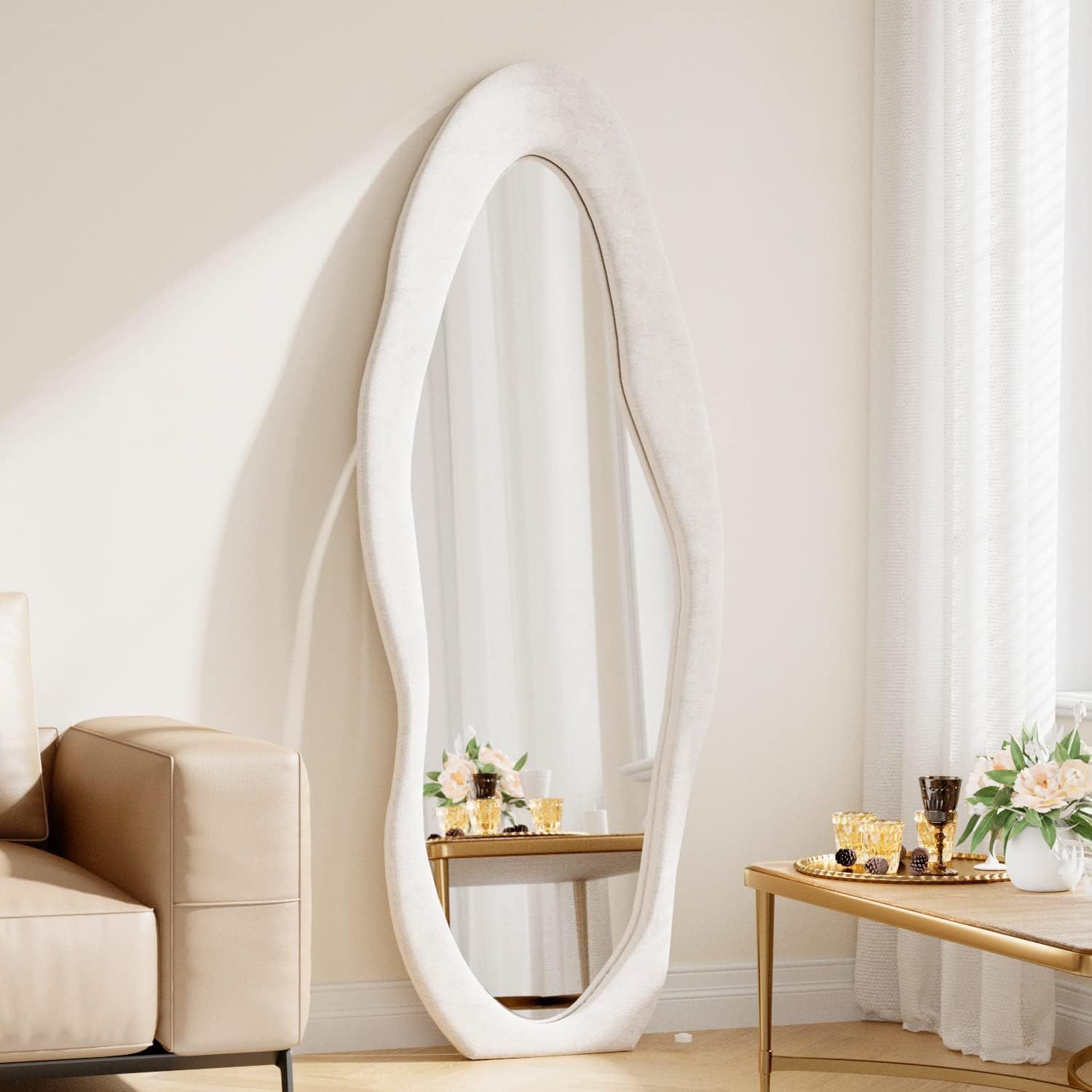 63" x 24" Full Length Mirror Irregular Wavy Floor Mirror, Standing Wall Mirrors Large Hanging Mirror for Bedroom, Living Room, Flannel Wooden Frame, White