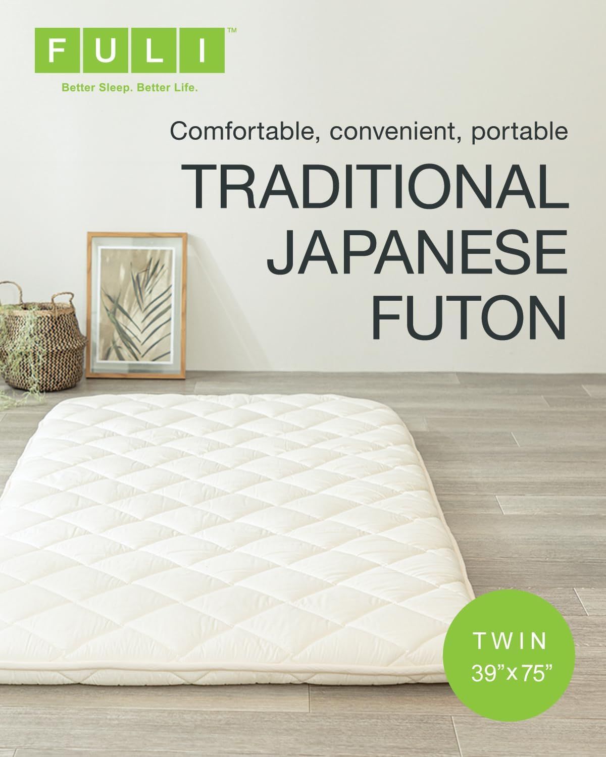 FULI Japanese Futon, Twin Size, White - Foldable Shikibuton Floor Bed | Medium Firm Quilted Cotton Sleeping Pad, Portable Roll-Up Japanese Floor Bed for Guests &amp; Small Spaces, 100% cotton surface