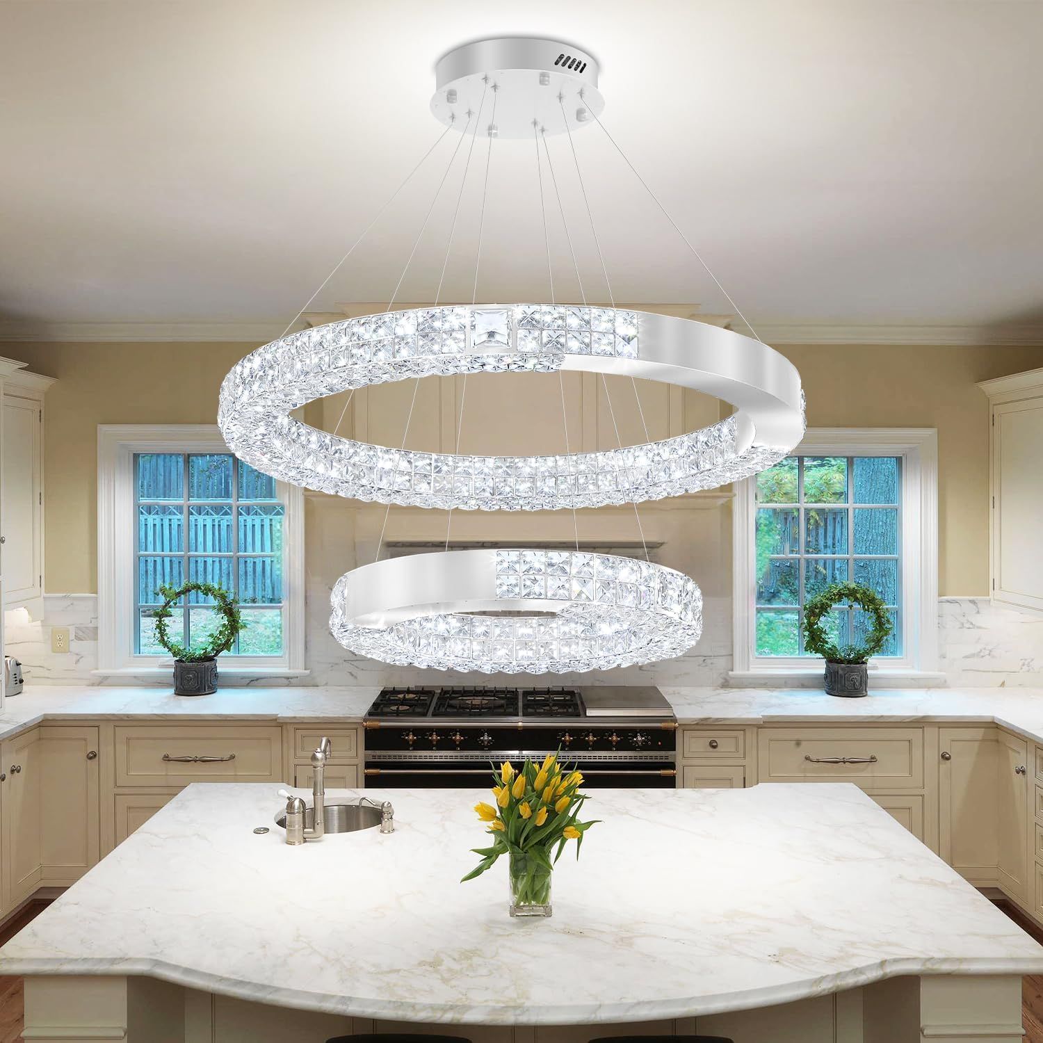 Modern Led Ring Chandelier for Living Room Dining Room Dimmable 2 Ring Crystal Chandeliers D32''+D20'' Silver