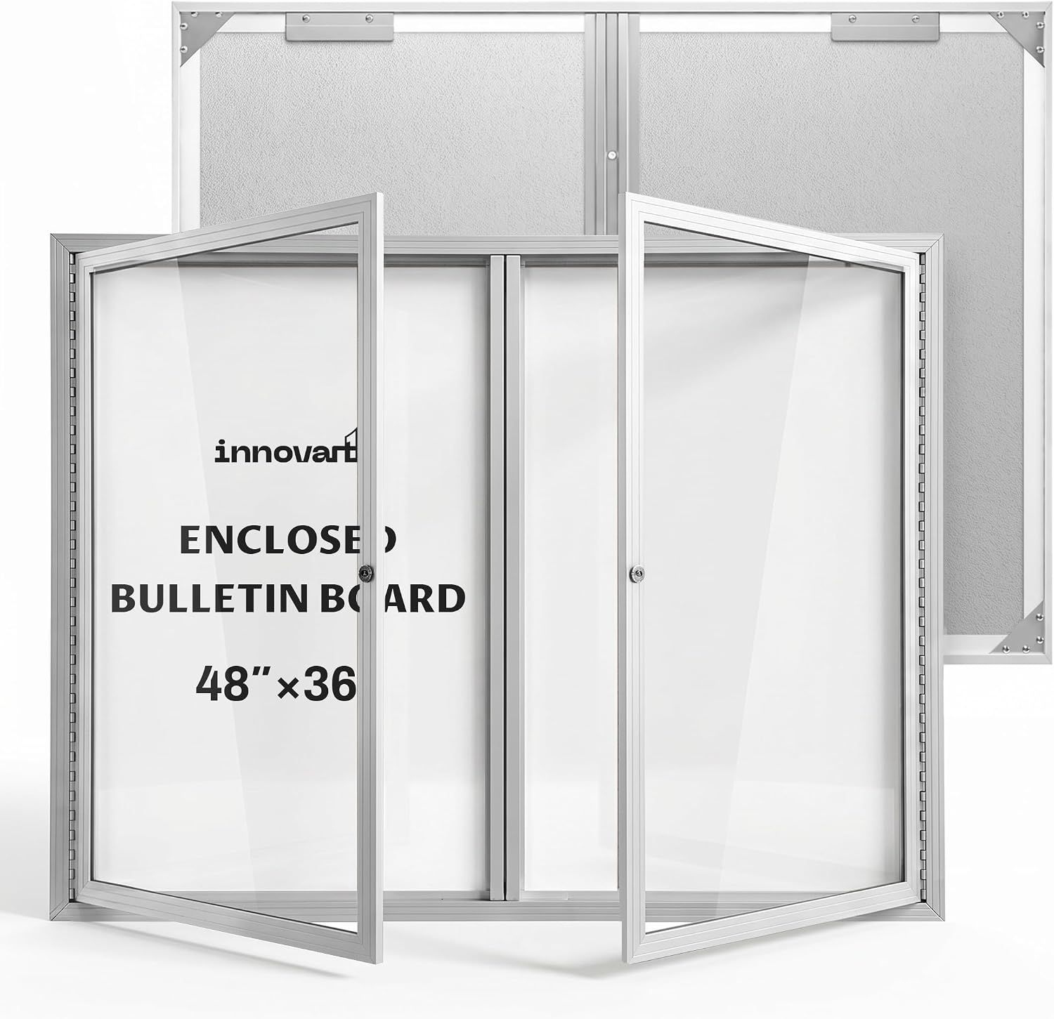 NNOVART Outdoor Enclosed Bulletin Board Weatherproof 48”x36” | Lockable Dry Erase Board with Silver Aluminum Frame, Outdoor Enclosed Magnetic Whiteboard with Double Swing-Open Door