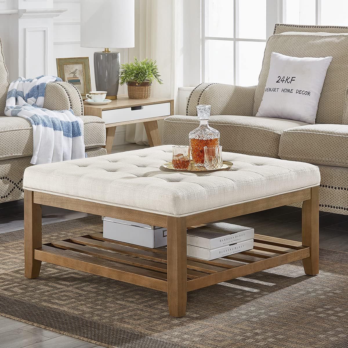24KF Large Square Upholstered Tufted Linen Ottoman Coffee Table, Large Footrest Ottoman with Solid Wood Shelf-Ivory Size: 33.5"D x 33.5"W x 18"H