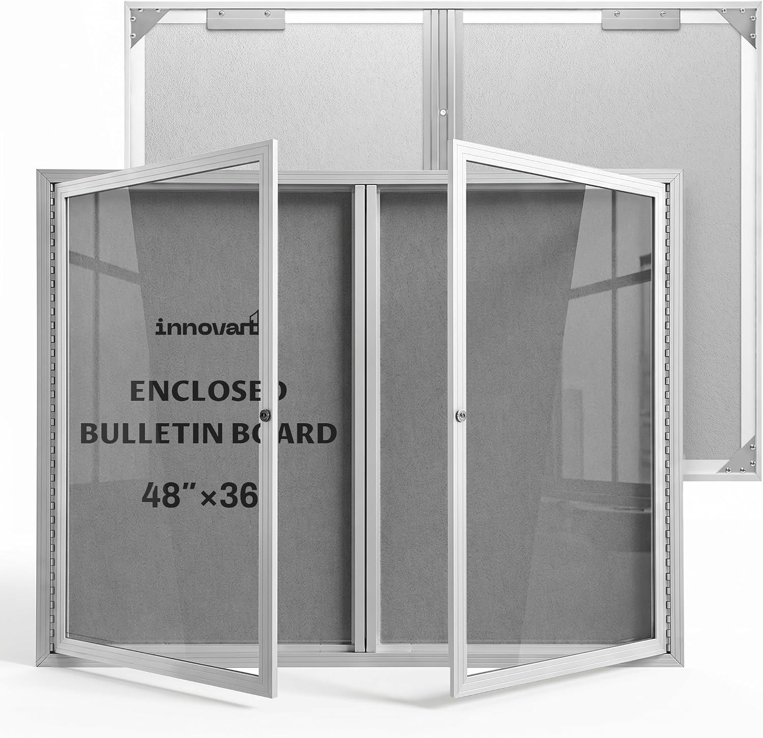 INNOVART Outdoor Enclosed Bulletin Board Weatherproof 48”x36” | Lockable Fabric Noticeboard with Silver Aluminum Frame, Felt Wall Display Case w/ Double Swing-Open Door Information Cabinet