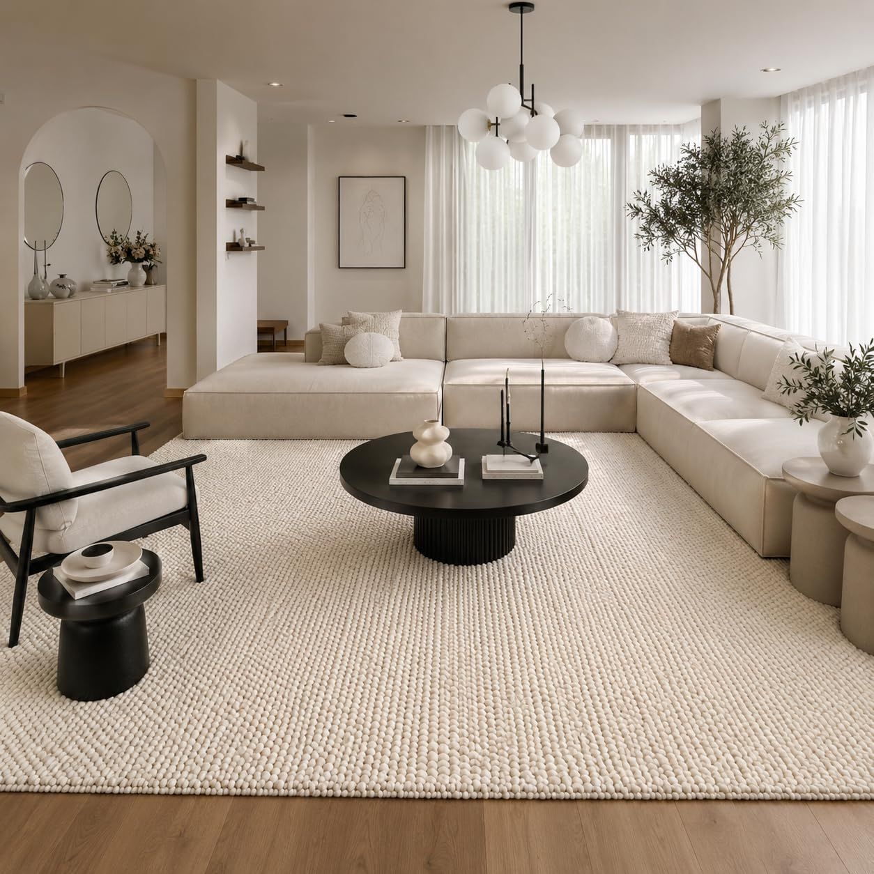 S &amp; L Homes Wool Cotton Hand Woven Chunky Knit Popcorn Rug - Ivory Contemporary Area Rug for Living Room Bedroom (8' x 10' - Ivory)