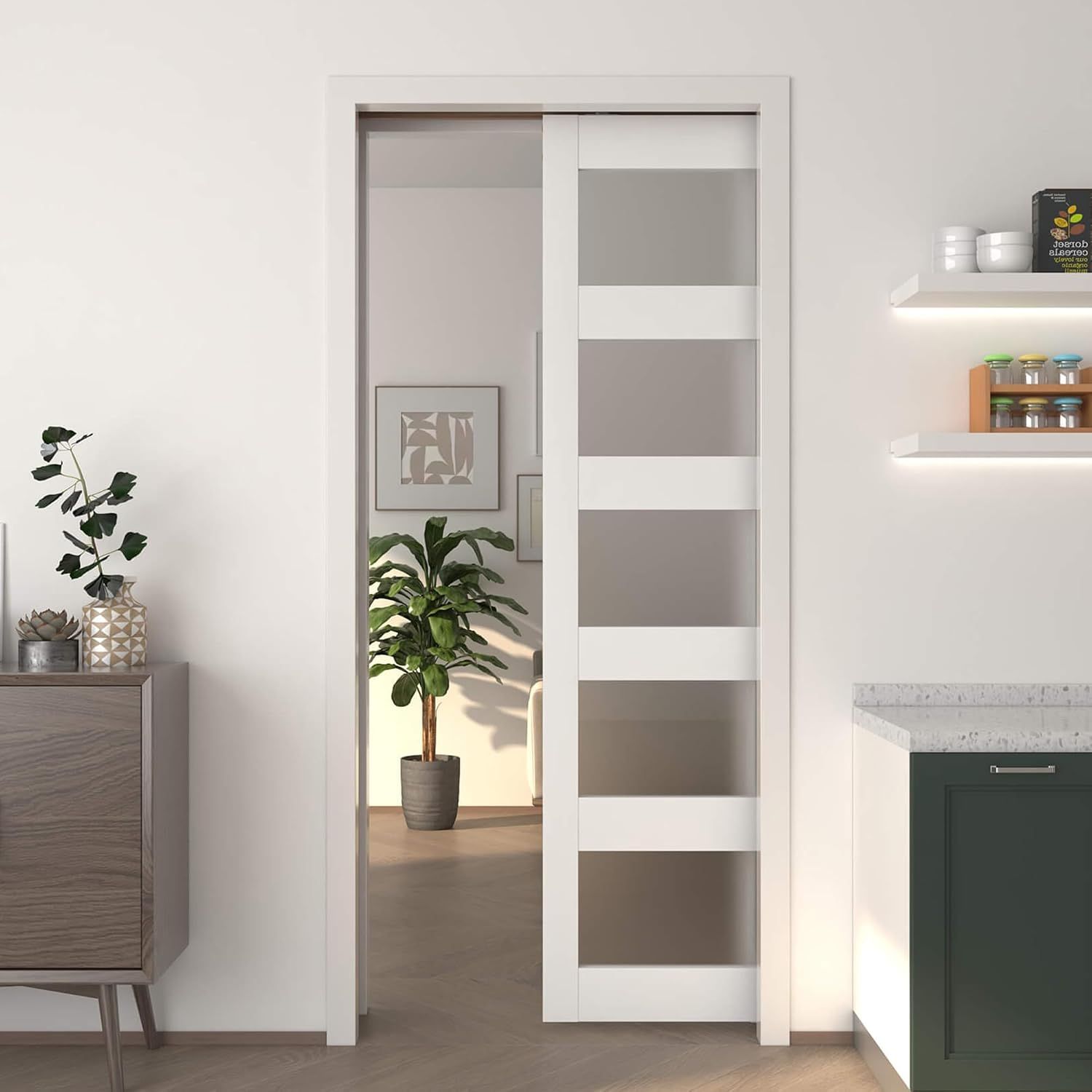 JUBEST Pocket Door 36"x96", 5-Panel Tempered Frosted Glass Sliding Pocket Door with Soft Close Hardware Kit, Sturdy Solid Wood &amp; MDF with Water-Proof PVC Surface, Assembly Needed, White