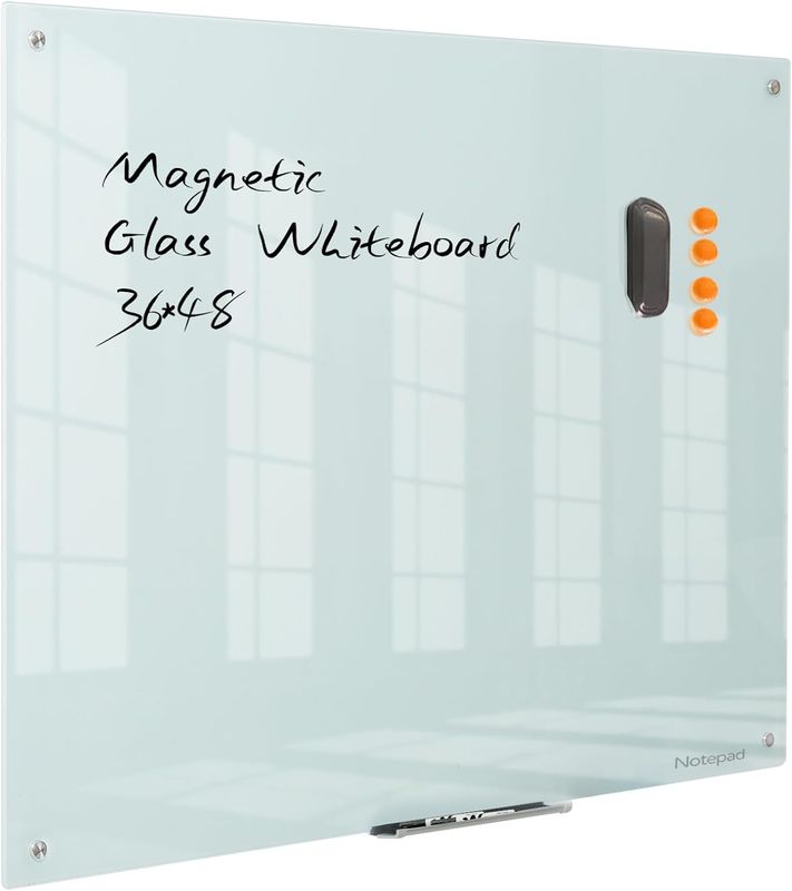 Magnetic Dry Erase Board - Frameless Glass White Board 48 x 36 Inches, Wall Mounted for Office, Home &amp; School